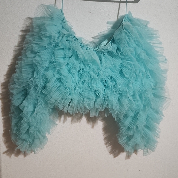 Selezza London Ruffled Mesh Crop Top in Aqua Size S - Picture 3 of 12